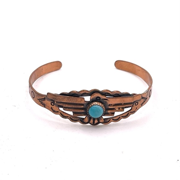Genuine Solid Copper and Turquoise Navajo Thunderbird Cuff Bracelet Small Size - Picture 4 of 14